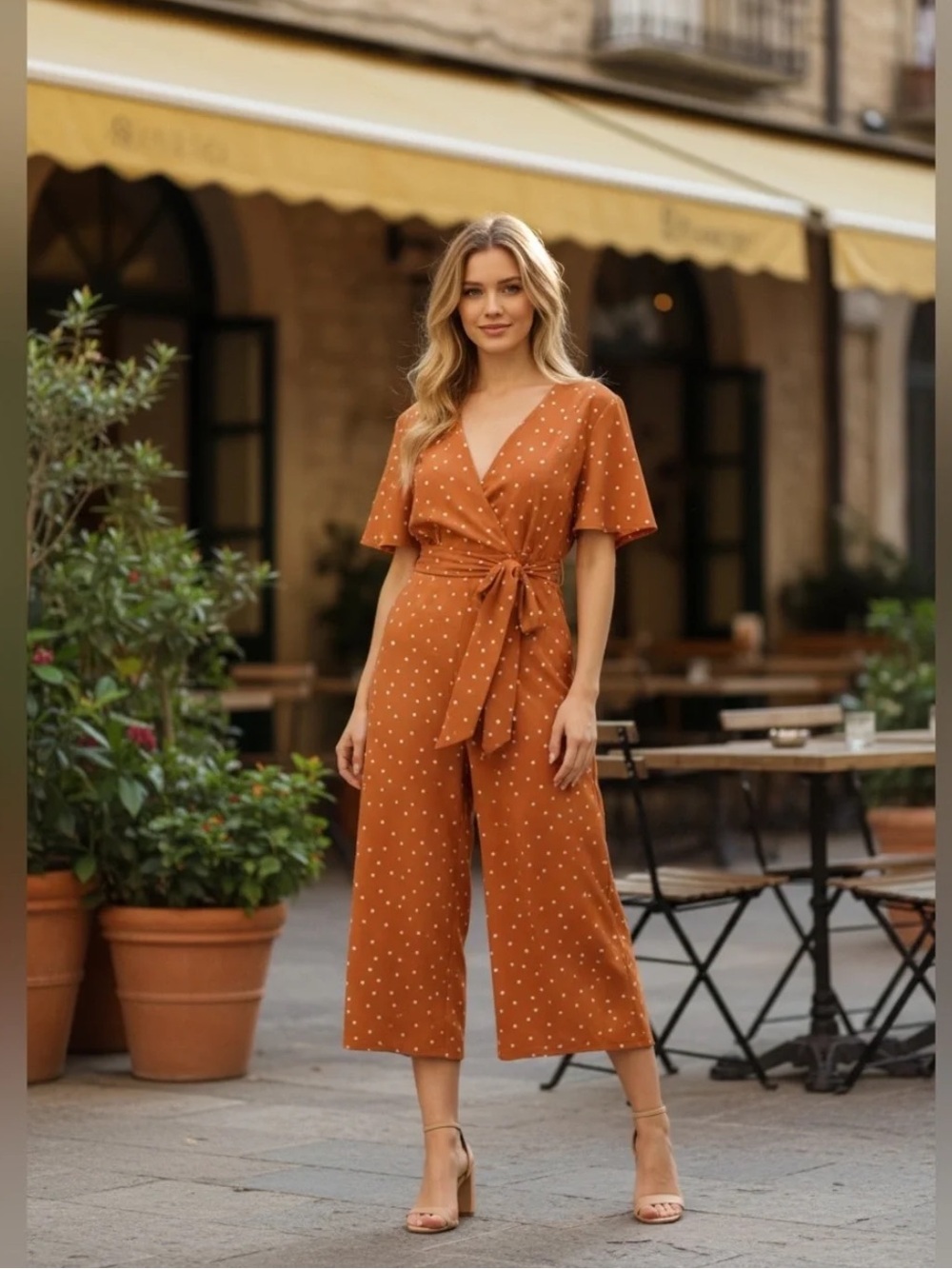 Stylestalker Rust Polka Dot Wrap Jumpsuit